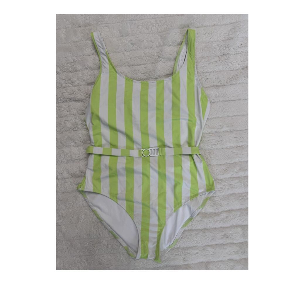 Solid & Striped Green White Striped Retro Belted One Piece Swimsuit Size XL